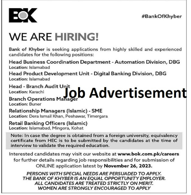 Bank Of Khyber ( BOK ) Govt of KPK Jobs 2023 Apply Online