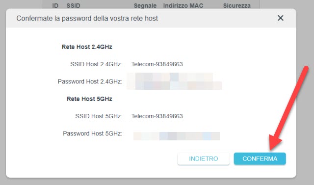 reti e password prescelte per il dual band