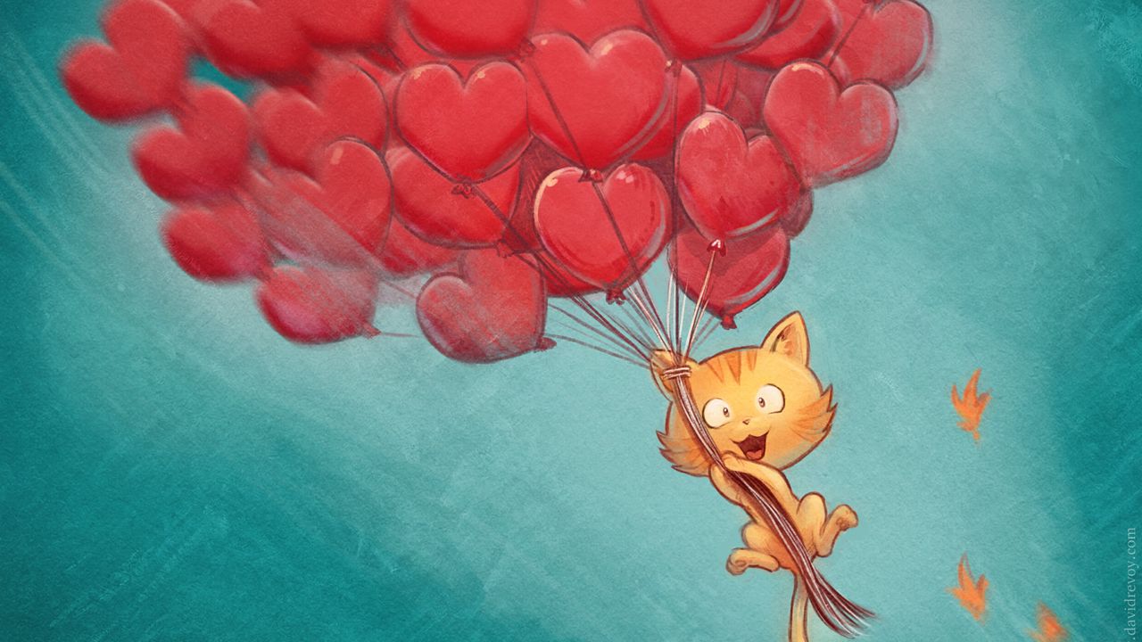Free Download Wallpaper Cat Balloons Hearts