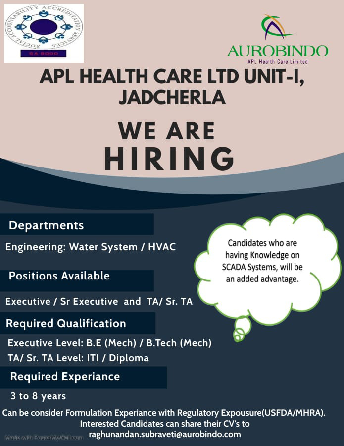 Job Availables,Aurobindo Pharma Job Vacancy For BE/ B.Tech Mechanical/ ITI/ Diploma