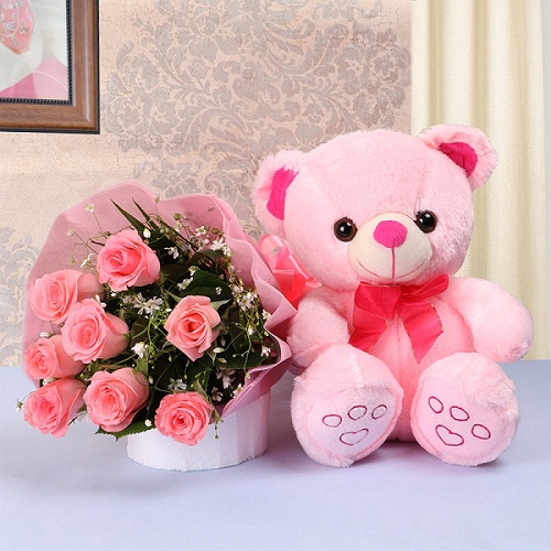 Cute Pink Teddy Bear with Flowers