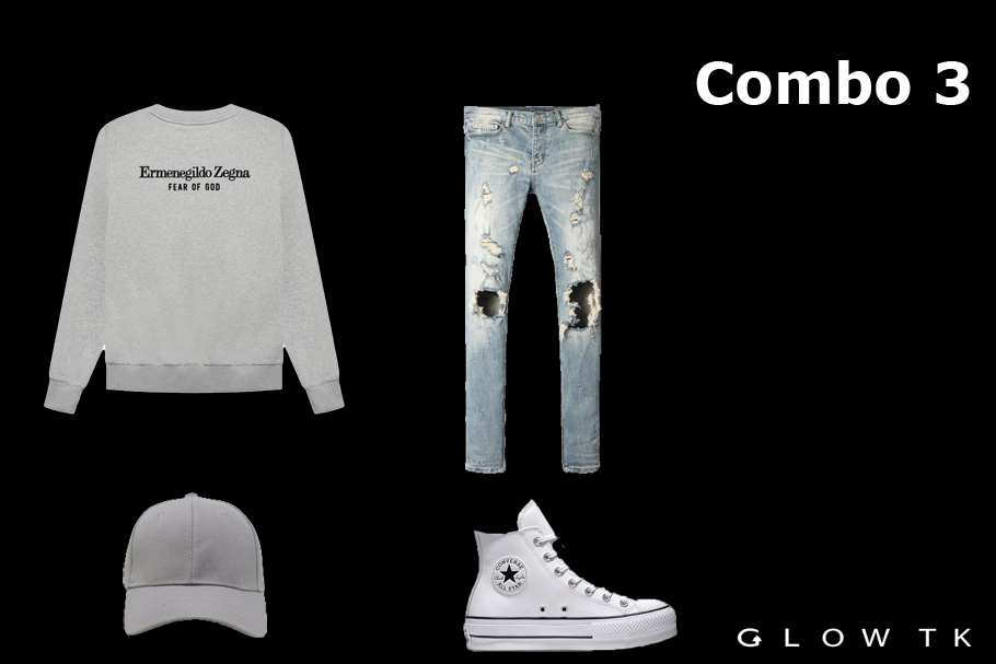 Áo sweater + quần jeans + mũ lưỡi trai + giày Converse