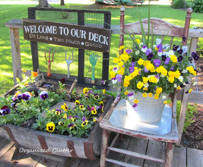 Pansies and Garden Junk www.organizedclutterqueen.blogspot.com