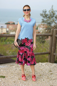 floral print pencil skirt, Sodini bijoux pink necklace, zara bonsoir bag, Fashion and Cookies, fashion blogger