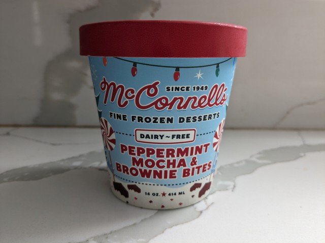 Packaging for McConnell's Peppermint Mocha and Brownie Bites Dairy-Free "Ice Cream."