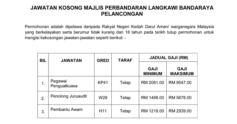 JAWATAN KOSONG DI MAJLIS PERBANDARAN LANGKAWI - MyJawatan 