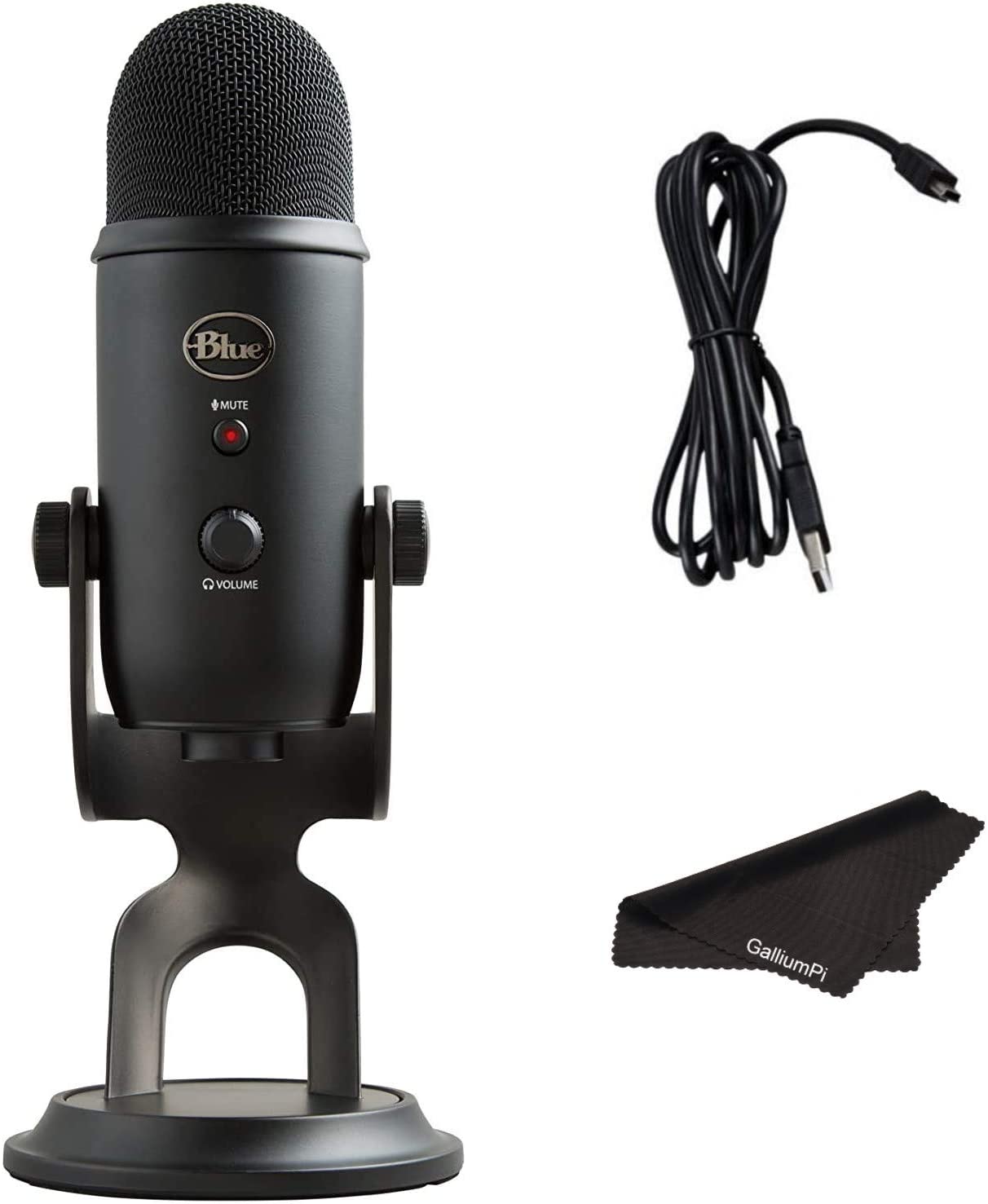 Newest Blue Yeti USB Microphone with 4 Pickup Patterns, 3 Condenser Capsules, Mic Gain Control & Adjustable Stand for Gaming, Streaming, Podcasting on PC & Mac, Blackout with GalliumPi Accessories