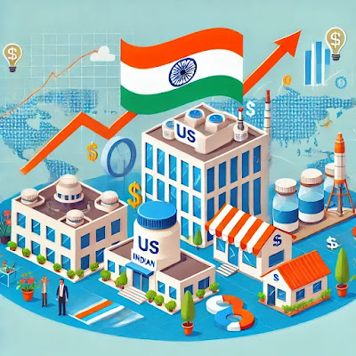 "Illustration showing Indian businesses like IT companies, pharmaceuticals, and small enterprises benefiting from global trade and capital inflow after the US interest rate cut."