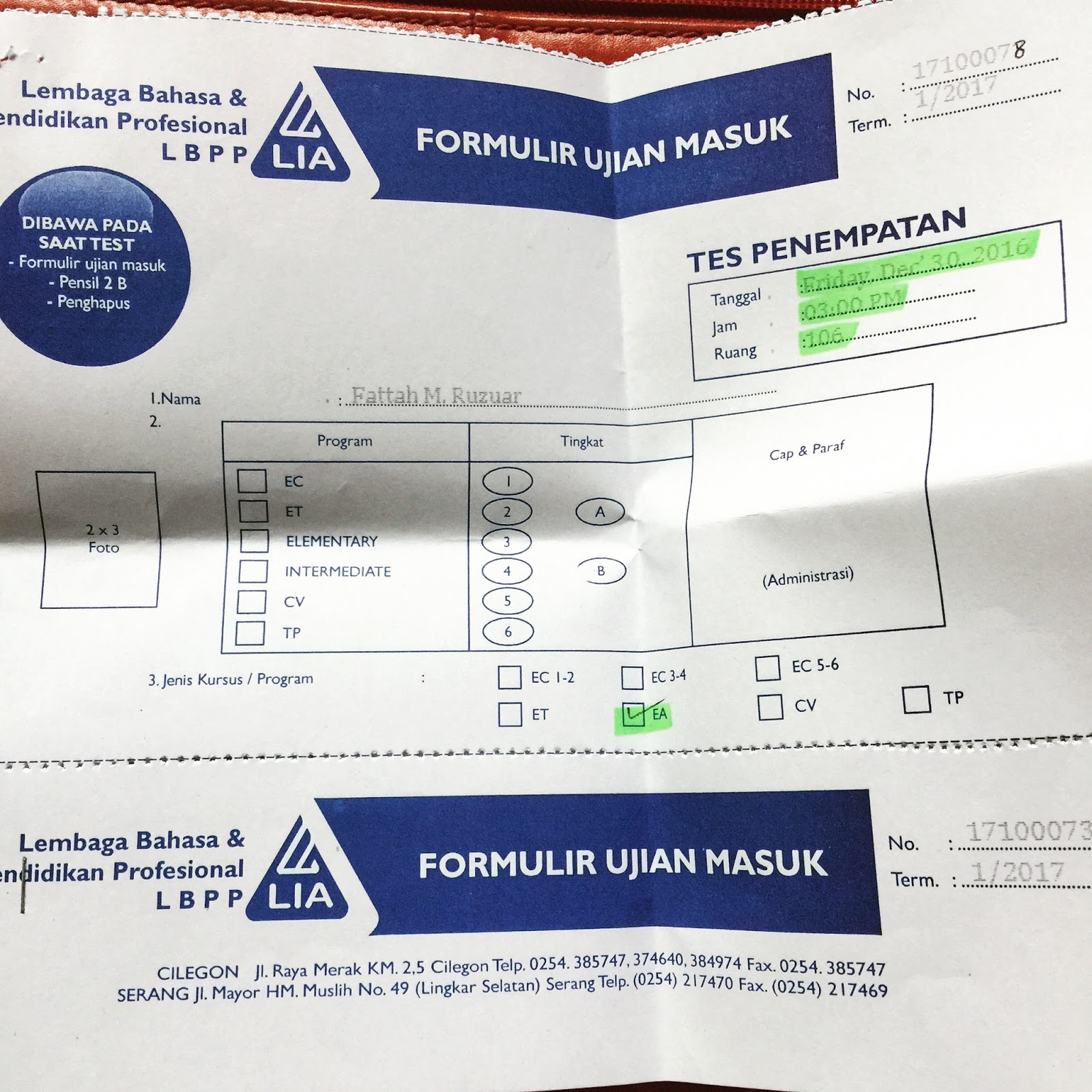 Formulir Ujian Masuk Kursus Bahasa Inggris LIA