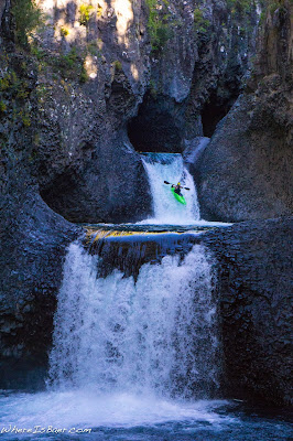 Mark Taylor enjoying the Siete Tazas, kayaker going over water fall in patagonia chile basalt rocks black rocks WhereIsBaer.com Chris Baer