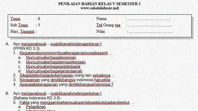 Soal Penilaian Kelas 5 Tema 8 Subtema 3 Usaha Pelestarian Lingkungan