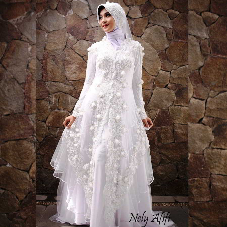 23  model kebaya pengantin muslim warna gold dan putih sederhana