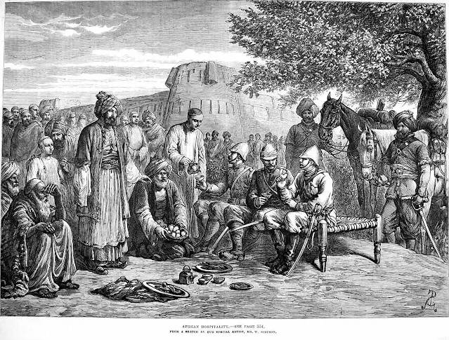 An Illustration from London Illustrated News showing fghans of Pesh Bolak giving hospitality to British officers in 1879,