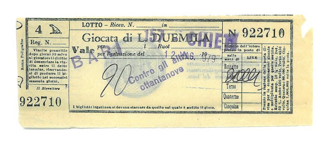 Giocata del Lotto di 2000 lire di Bari datata 14 agosto 1965