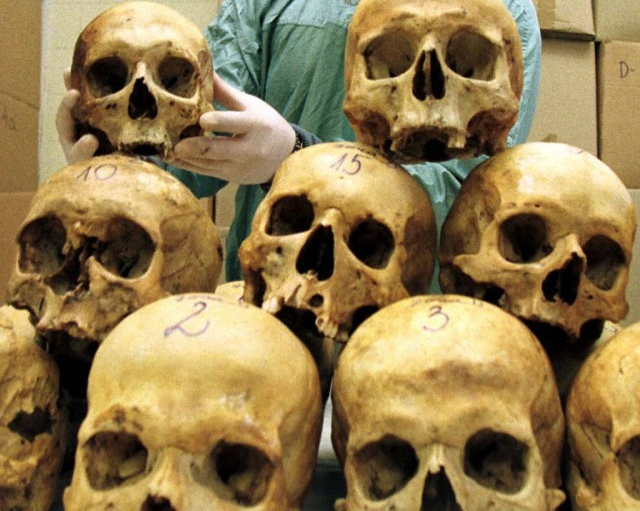 Bosnian pathologist Dr. Rifat Kesetovic examines skulls of victims in a hospital in the northern bosnian city of Tuzla in this file photo of March 28, 1997. The skulls were taken from mass graves and in wooded areas following the 1995 massacre of the Bosniak enclave of Srebrenica. 