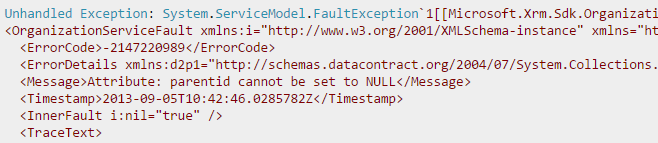 How to fix the "Attribute: parentid cannot be set to NULL" exception in Dynamics CRM 2013 (2011) 