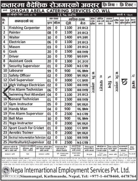 Free Visa, Free Ticket,  Jobs For Nepali In SHAQAB ABELA CATERING SERVICES CO. WLL. QATAR Salary -Rs.88,000/