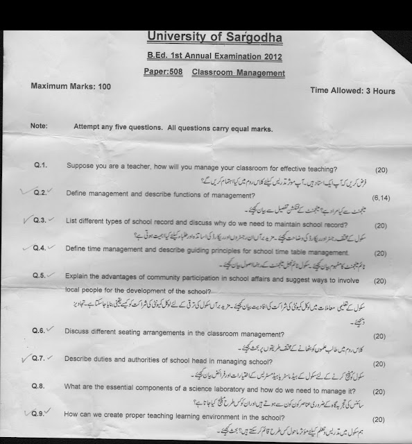 University of Sargodha  Past paper B. Ed. First (1st) Annual 2012  Paper Code 501  Subject: Introduction to Education