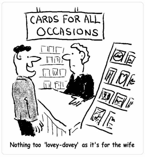 cartoon of a man in a greetings card shop asking for a card for his wife.