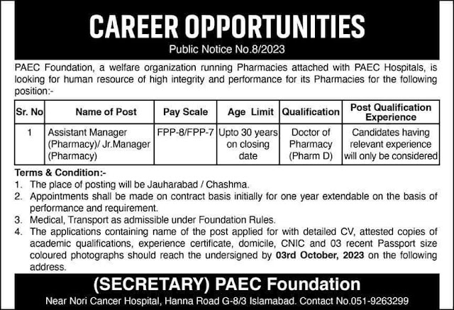 PAEC is looking for position of Assistant Manager (Pharmacy)/ Jr. Manager (Pharmacy)