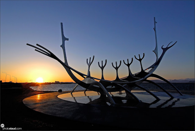 Solfar - The Sun Voyager at sunset, Viking ship sculpture by Jon Gunnar Arnason, Reykjavik, Iceland