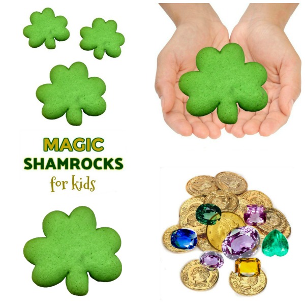 FUN KID PROJECT:  Make magic shamrocks with treasures hidden inside.  Getting the treasure out is all the fun!  #magicshamrocks #stpatricksdaycrafts #kidscrafts #playrecipes 