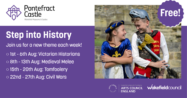 Step Into History at Pontefract Castle: Join us for a new theme each week! All activities free. 1st - 6th Aug: Victorian Historians; 8th - 13th Aug: Medieval Melee; 15th - 20th Aug: Tomfoolery; 22nd - 27th Aug: Civil Wars. Photo of two young visitors in medieval dress-up at the Castle grinning at each other.