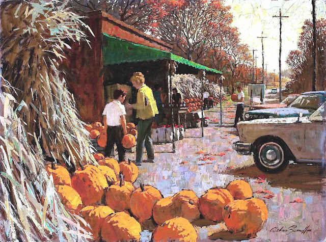 an Arthur Saron Sarnoff painting, autumn scene with pumpkins for sale