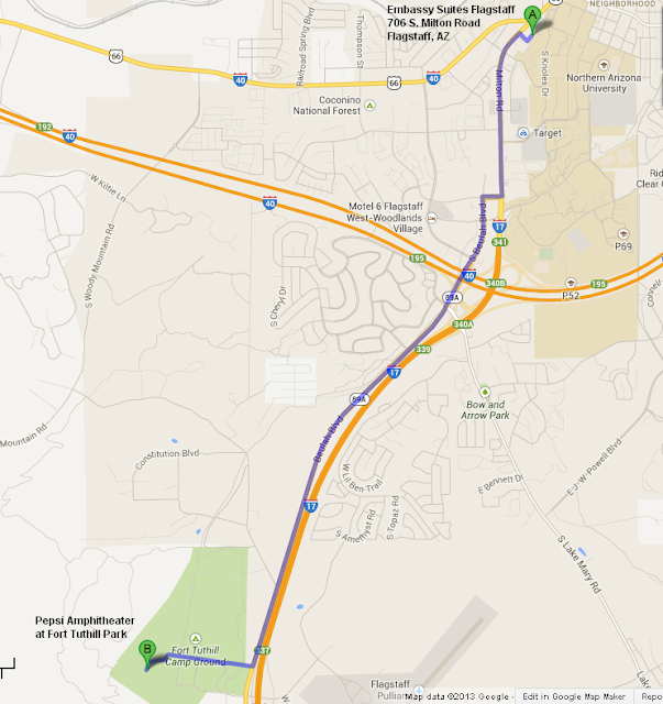 map showing Embassy Suites Flagstaff is 5 miles/11 minutes from Pepsi Amphitheater at Fort Tuthill Park