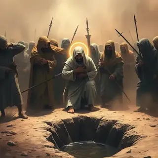 A sacred battlefield moment where faceless companions shield an injured figure with a radiant halo symbolizing Prophet Muhammad ﷺ, who is seated in a shallow ditch, wounded but calm.
