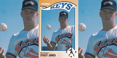 Stacy Jones 1990 Frederick Keys baseball card, showing Jones close up, tossing a baseball in the air. Zoomed in images of Jones on either side