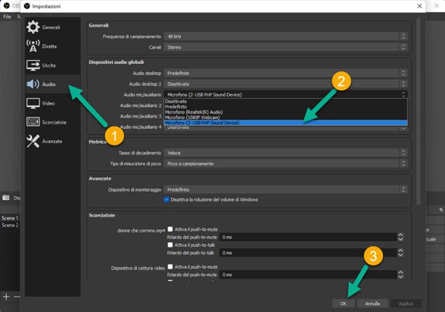 impostazioni audio OBS