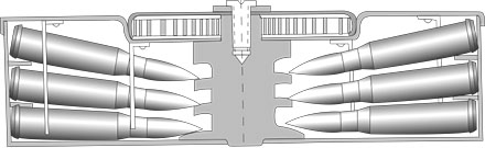 Схема отъемного трехрядного дискового магазина к танковому пулемету Дегтярева ДТ емкостью 63 патрона