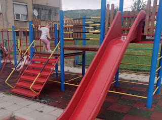 Rosie having fun on the play frame