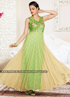 Green n Beige Net Ankle Length Suits / Green Eid Fancy Dresses