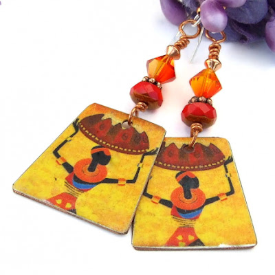 The Celebration handmade earrings feature artisan created colorful tribal dangles, red Czech glass and fire opal Swarovski crystals - boho jewelry for women.