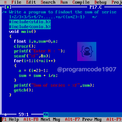 Wfind out the sum of serise 1+2/3+3/5+4/7+.....+n/((n*2)-1) using for loop c Program - Program code