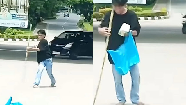 Sambil Jualan Tisu, Pemuda Hibur Pengendara dengan Atraksi Tongkat di Lampu Merah.