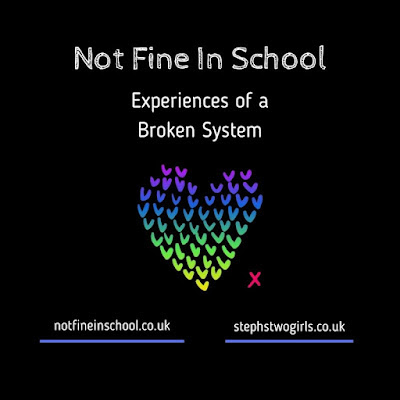 A black background with a multicoloured heart logo in the middle, with the words not fine in school, experiences of a broken system