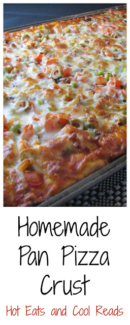 Enjoy pizza night at home with this no fail pan crust recipe! Just like the restaurant, but homemade! Homemade Pan Pizza Crust Recipe from Hot Eats and Cool Reads