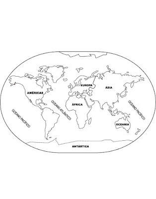 Desenho para Colorir – Mapa Mundo com os nomes dos Continentes – Paises