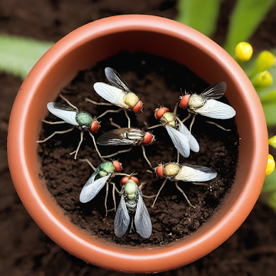 Fliegen in Blumenerde