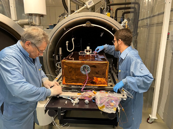 An engineering unit for the Lunar Environment Monitoring Station that will fly on the Artemis 3 mission is about to be placed inside a thermal vacuum chamber at NASA's Goddard Space Flight Center in Greenbelt, Maryland.