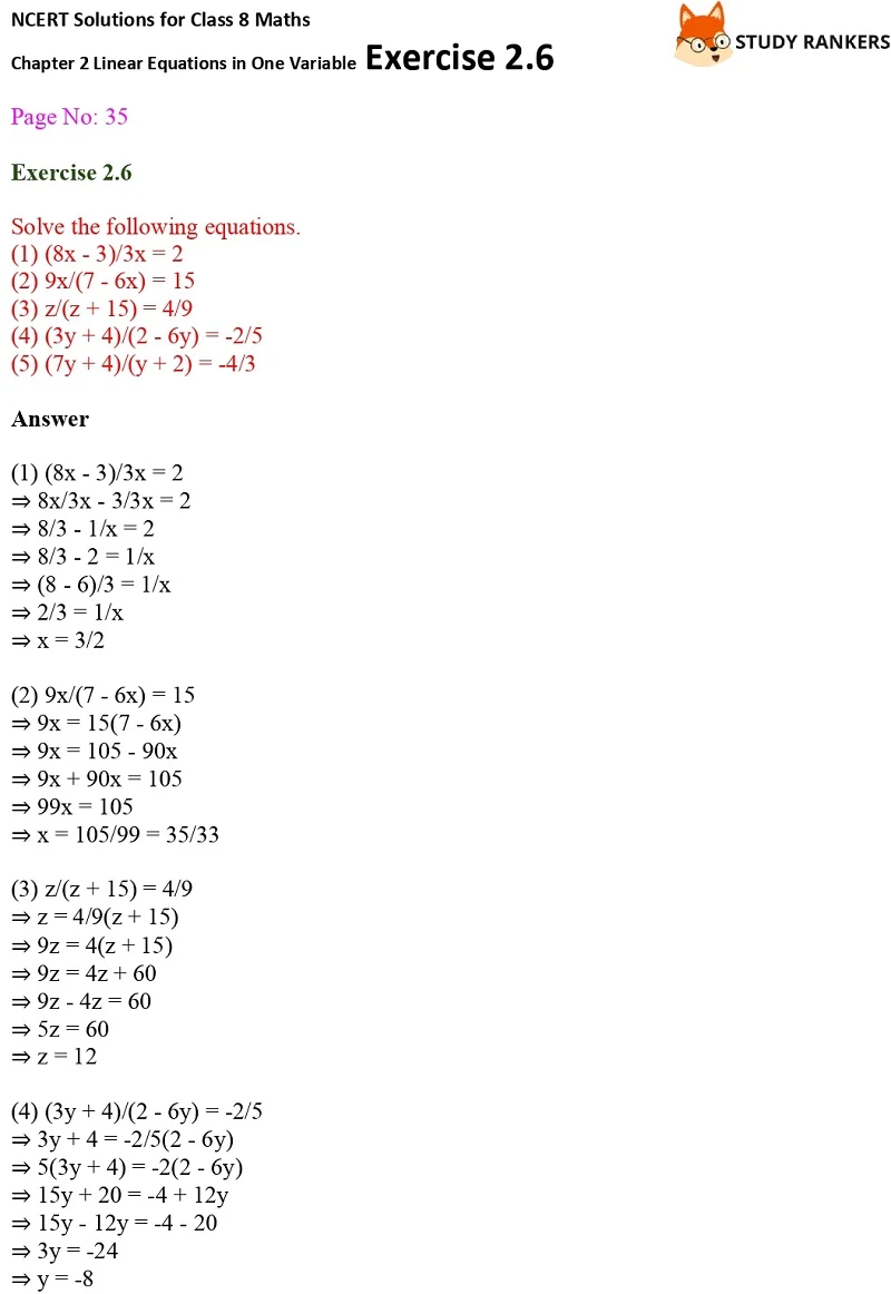 NCERT Solutions for Class 8 Maths Ch 2 Linear Equations in One Variable Exercise 2.6 1