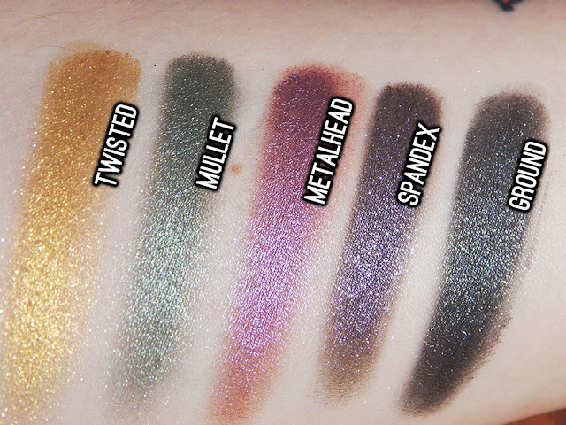 Urban Decay Heavy Metals holiday eyeshadow palette - Ground, Spandex, Metalhead, Mullet, Twisted swatches
