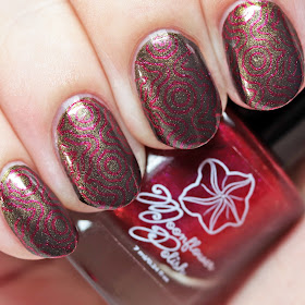 Moonflower Polish Candy Apple stamped over Fall Harvest using Über Chic 22-03 plate