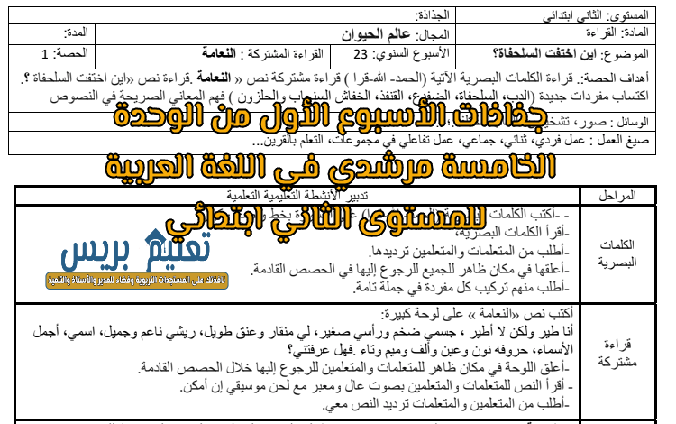 جذاذات الأسبوع الأول من الوحدة الخامسة مرشدي في اللغة العربية للمستوى الثاني ابتدائي