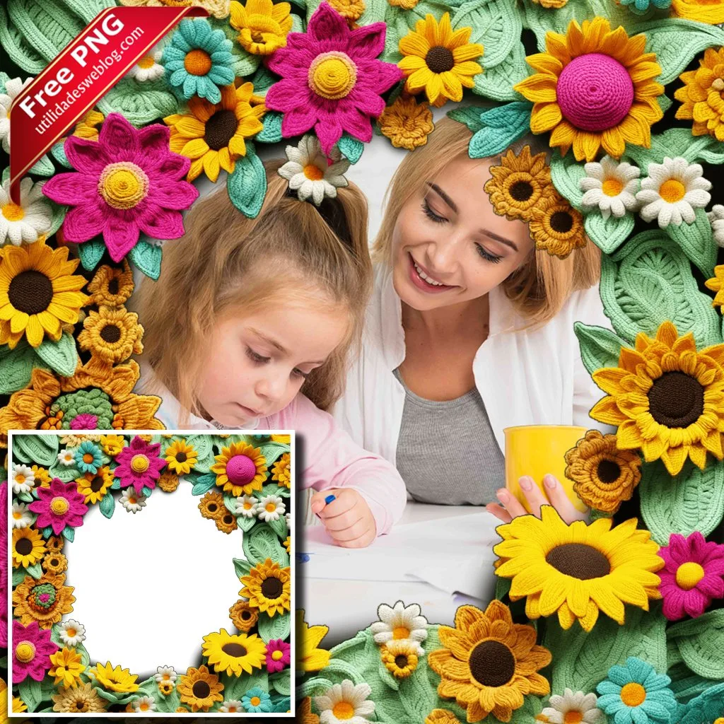 marco para fotos con flores de chrochet o bordadas en png con fondo transparente para descargar gratis