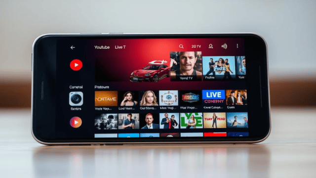 of the YouTube Live TV APK application on a modern smartphone or tablet device. The foreground shows the app's intuitive interface with various live TV channels and content categories prominently displayed. The middle ground features the smartphone or tablet itself, with a premium, sleek design and high screen resolution showcasing the app's visuals. The background blends a subtle gradient or bokeh effect, creating a sense of depth and focus on the device and app. Lighting is natural and balanced, with soft shadows and highlights accentuating the device's physical form. The overall mood is aspirational and showcases the power and convenience of streaming live TV through the YouTube Live TV APK.