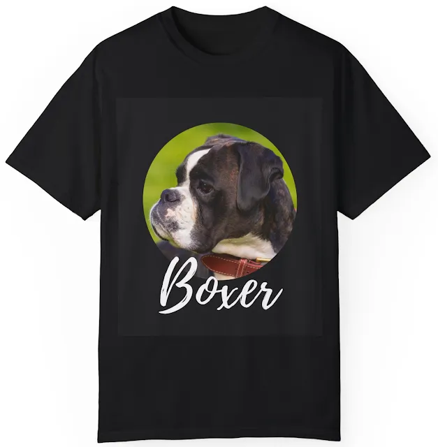 T-Shirt With Close Up Face of Cute Blackish Brown and White Boxer Dog Giving a Pose